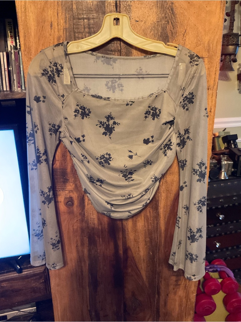BELL Sleeve Sage Green Floral Ruched Long-Sleeve Top